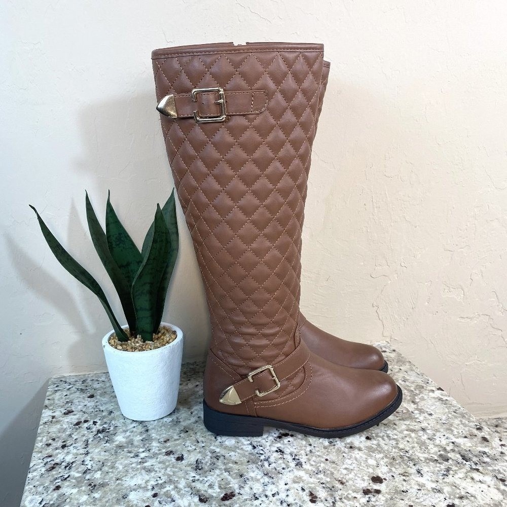 Quilted Riding Boots Brown Faux Leather Tall Equestrian Buckle Boots Womens‎ 6